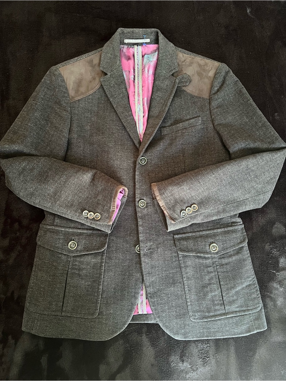 Ted Baker Gray Sport Coat with Brown Shoulder Accents and Pink Lining